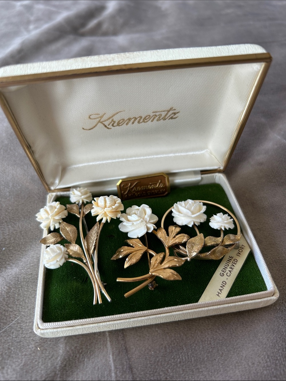 Vintage Ivory Carved Flower 3 Brooch Set - 14 karat Gold Overlay
